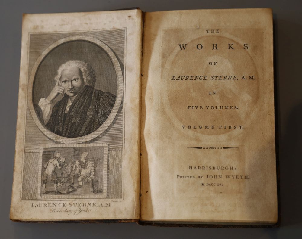 Sterne, Laurence - The Works of Laurence Stern, 5 vols, 12mo, calf, scuffed, joint cracked, some boards torn, John Wyeth, Harrisburgh